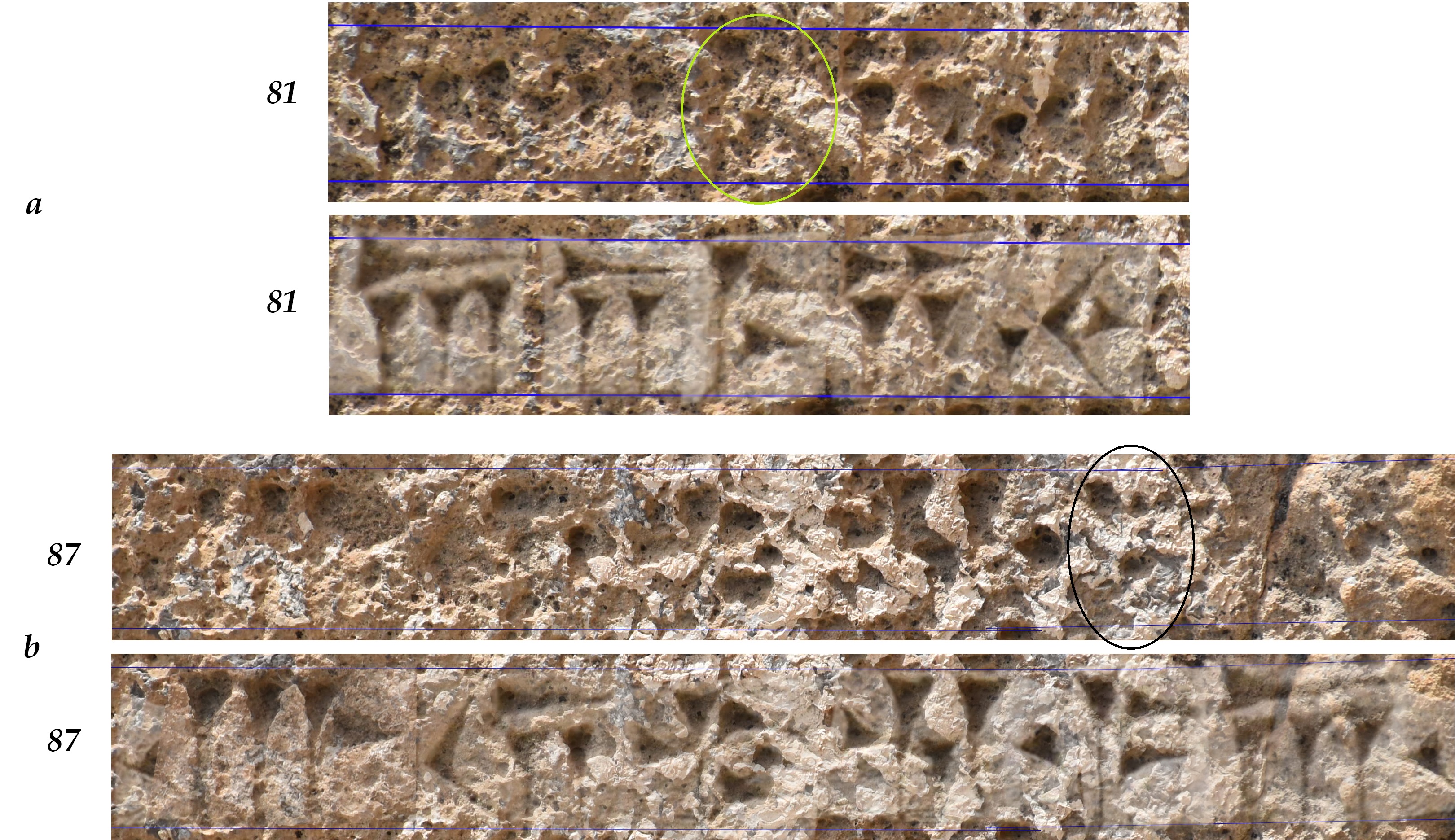 The trace of a-⌜d-k⌝-i-y in line 81 of the fourth column (a) and the trace of ⌜:tu-u⌝-v-m :⌜k⌝-[a] in line 87 of the fourth column (b) (see also Schmitt 1991, 44 and 45). Note the eroded traces of k in both images and compare them with the trace of k at the beginning of line 90 (according to the reading p-v-s-t-k-).
