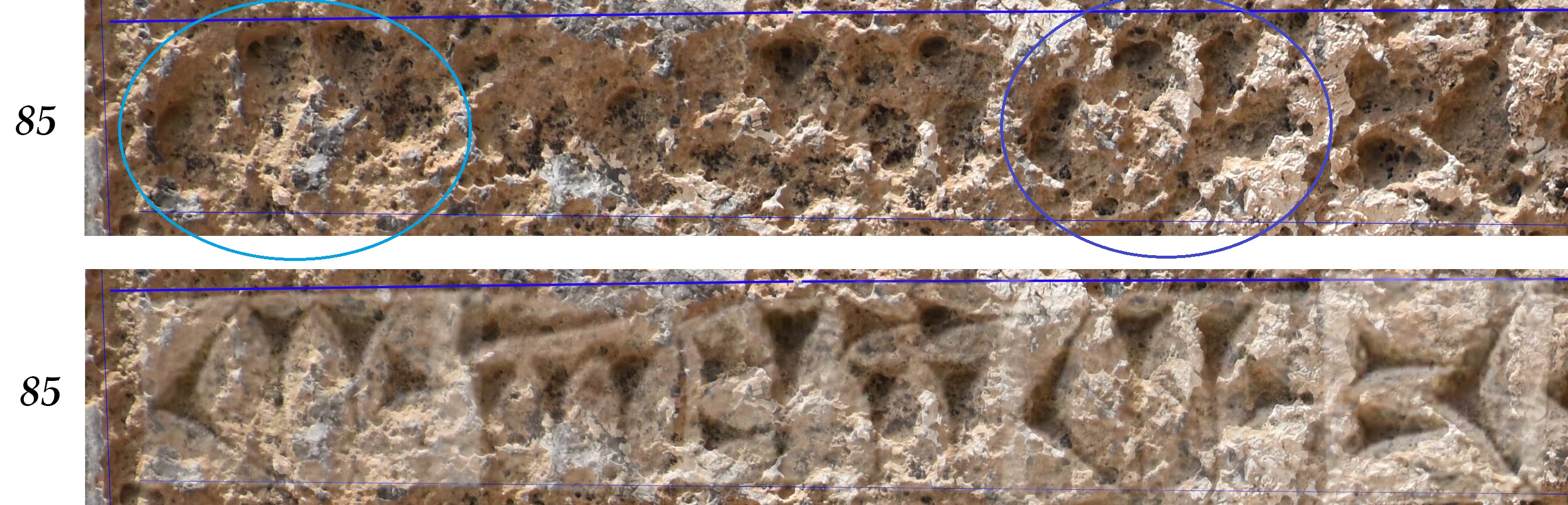 The traces of ⌜g-a-b-i-g⌝-n- in line 85 of the fourth column (according to the reading of bagābigna-). Note the form of g and compare it with the trace of g (in :g-r-) in line 90.